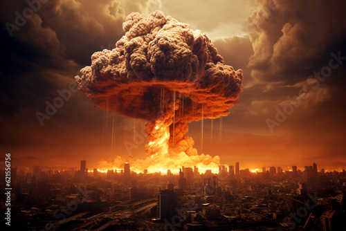 Explosion nuclear bomb. Nuclear war, destruction of the planet. Power station. Mushroom. AI generated
