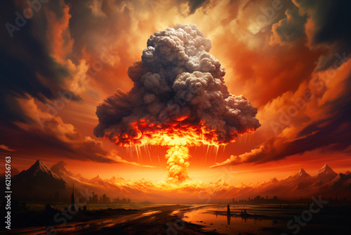 Explosion nuclear bomb. Nuclear war, destruction of the planet. Power station. Fire sky. AI generated