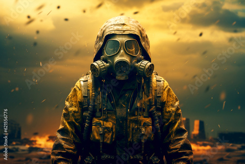 A man in a gas mask in a chemical protective suit is walking in a radioactive zone. Explosion nuclear bomb. Nuclear war, destruction of the planet. Zaporizhzhia power station. AI generated