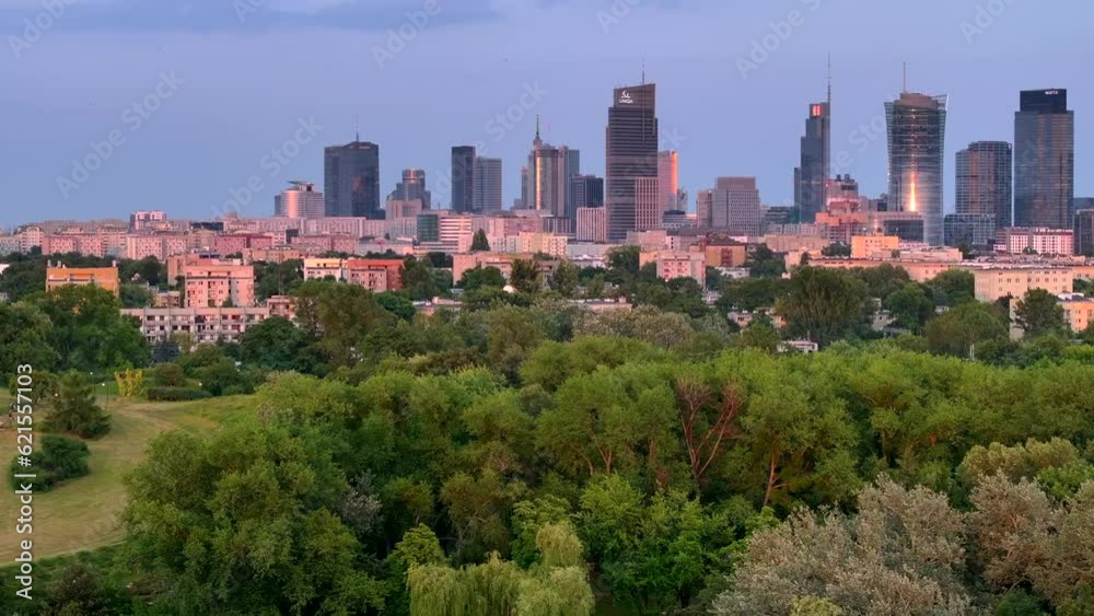 Aerial, drone panorama of Warsaw city during sunset. View from Park Moczydlo. Aerial, drone panorama of Warsaw city during sunset. View from Park Moczydlo.