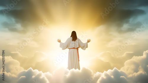 Photo Resurrected Jesus Christ ascending to heaven. AI generated