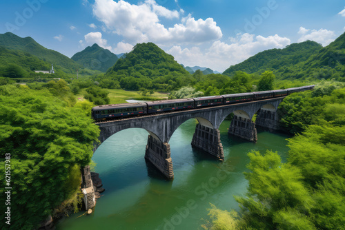 A panoramic shot of a train crossing a picturesque bridge, surrounded by stunning natural scenery, such as mountains or water bodies, generative AI