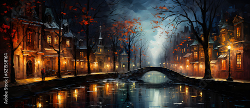 the painting shows the streets at night and a river with boats Generated by AI