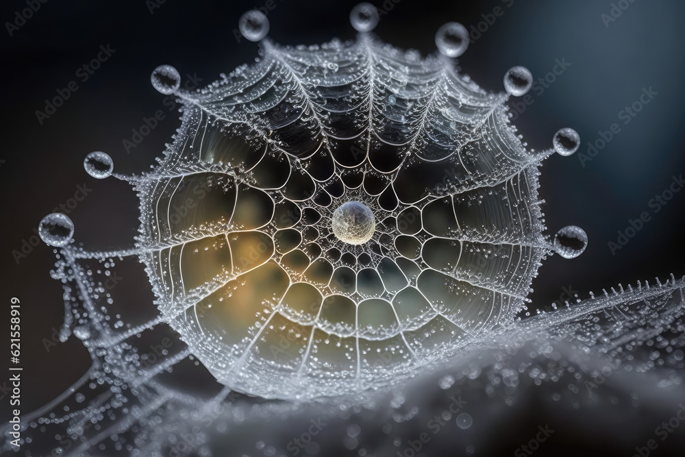 frozen dewdrops on a spider's web, showcasing the delicate and intricate structures formed by frozen water droplets