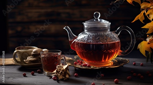 A glass tea pot sitting on top of a wooden table. Generative AI. Autumn decor, black tea in glass tea pot.