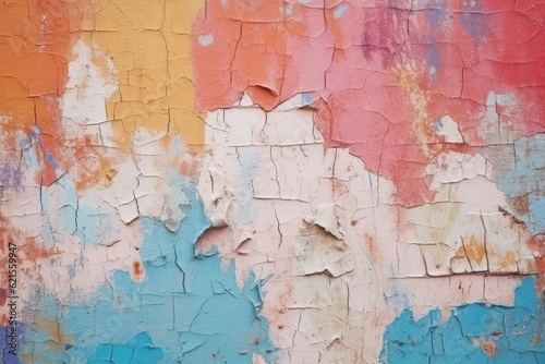 Close-up of an old painted wall with peeling paint