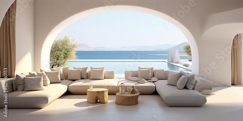 AI Generated. AI Generative. Greek island luxury hotel interior architecture design vaction relax time. Adventure chill calm vibe. Graphic Art