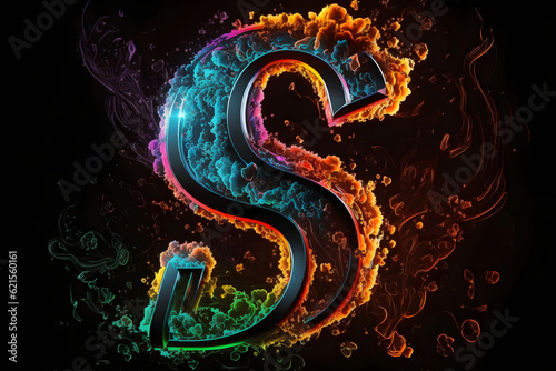 illustration of letter S against the backdrop of bright puffs of air made in heavy metal style on black background