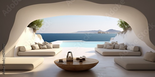 AI Generated. AI Generative. Greek island luxury hotel interior architecture design vaction relax time. Adventure chill calm vibe. Graphic Art