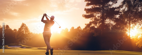 Golfer hit sweeping driver after hitting golf ball down the fairway. active with sunrise landscape and copy space