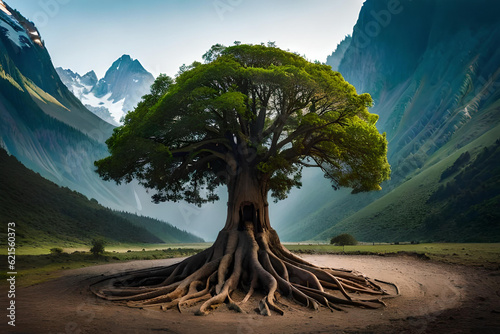 Huge tree resting at foot of hill. Background mountain landscape