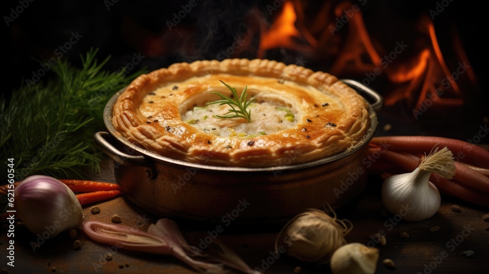 Tasty homemade pie with meat and vegetables in baking dish on table Tasty homemade pie with meat and vegetables in baking dish on table