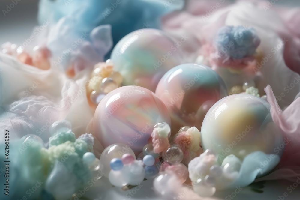 Delicate molten matt transparent translucent soap bubbles. AI generated