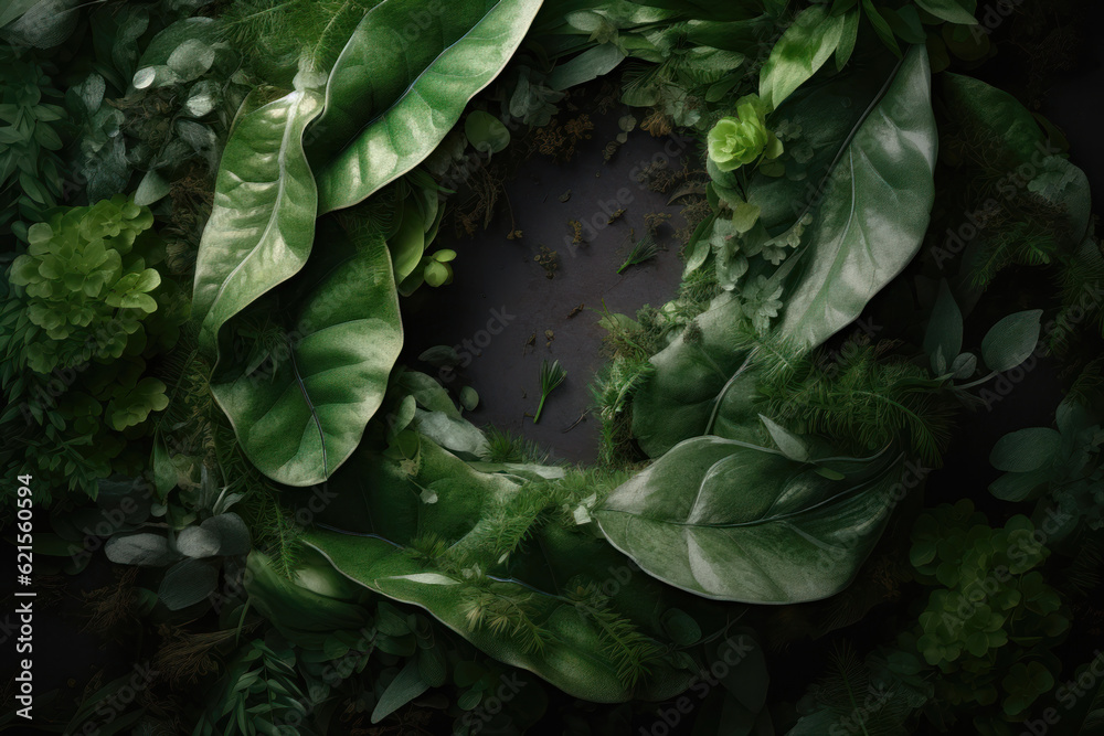 Fototapeta premium Round frame made of leaves on a black background. AI generated
