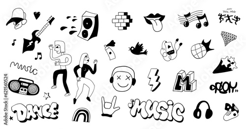 music party funny doodles characters and lettering , hand drawn sign and symbols, isolated vector background street art style