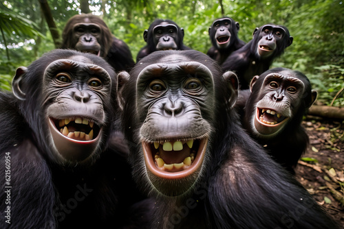 Chimpanzee Monkeys Taking Selfie. Created using generative AI tools