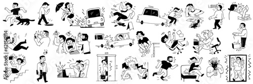 Cute character doodle illustration of general accident. Big set, bundle and collection, linear, outline, thin line art, hand drawn sketch design, black and white ink style. 
