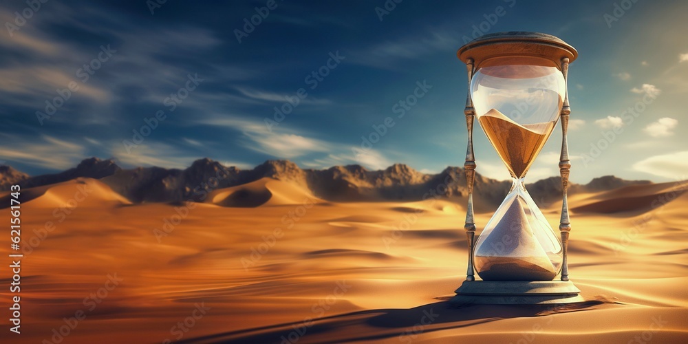 A panoramic shot of a glass hourglass with flowing minutes of sand in a vast desert expanse with mountains in the background - sands of time and ecological climate disaster concept - Generative AI - obrazy, fototapety, plakaty 