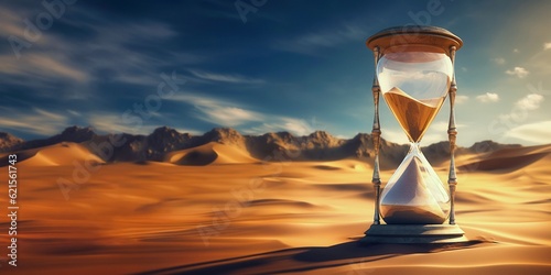 A panoramic shot of a glass hourglass with flowing minutes of sand in a vast desert expanse with mountains in the background - sands of time and ecological climate disaster concept - Generative AI