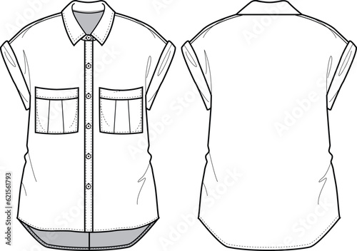 Women's Shirt Blouse flat sketch fashion illustration, Short sleeve shirt for girls and ladies template mock up