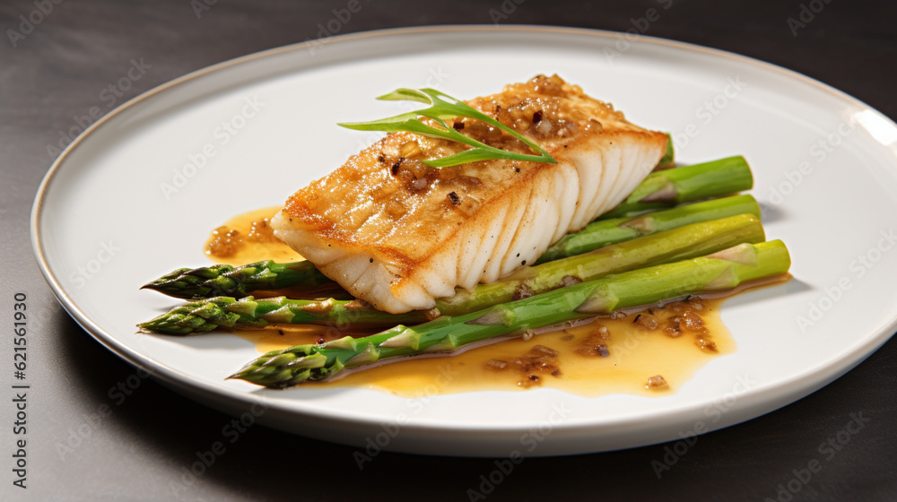 Generative AI image of Crispy Miso-Butter Fish with Asparagus: Featuring perfectly crispy fish coated in umami-rich miso-butter sauce, with tender asparagus for a balance of flavors and textures. Generative AI image of Crispy Miso-Butter Fish with Asparagus: Featuring perfectly crispy fish coated in umami-rich miso-butter sauce, with tender asparagus for a balance of flavors and textures.