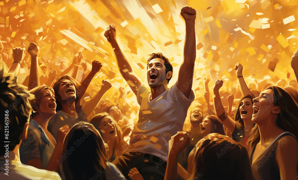 A young white Caucasian man being carried by a crowd with his arms in the air celebrating a big win - Generative AI A young white Caucasian man being carried by a crowd with his arms in the air celebrating a big win - Generative AI