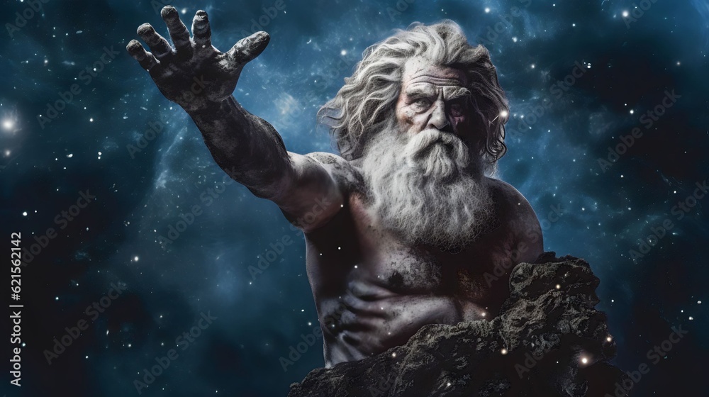 the primordial darkness embodying a greek god, erebus wearing ancient greek clothing, galaxy with solar system as background - obrazy, fototapety, plakaty 