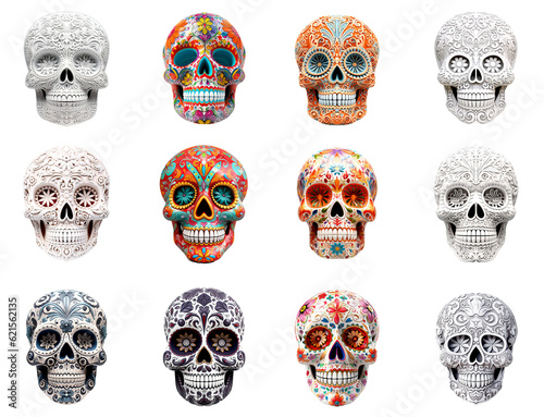 Set of Calavera sugar skull masks on transparent background