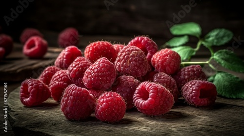 Fresh raspberries on a wooden background. Generative AI