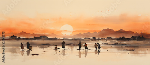 an orange sky and some people on some sand Generated by AI