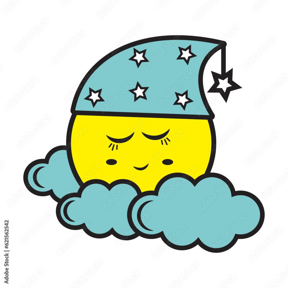 Colored sleeping moon on a cloud, vector illustration in cartoon style