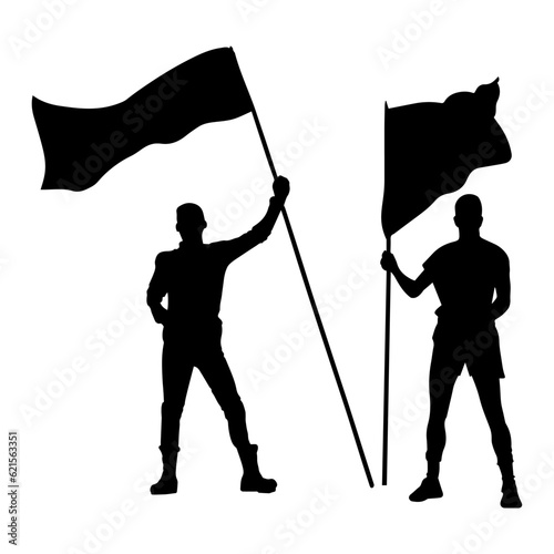 Vector illustration. Silhouette of a guy with a flag in his hands.