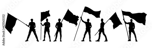Vector illustration. Silhouette of a guy with a flag in his hands. Set of people.