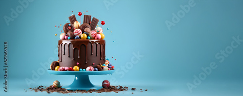 Chocolate cake with chocolate drips on a blue background