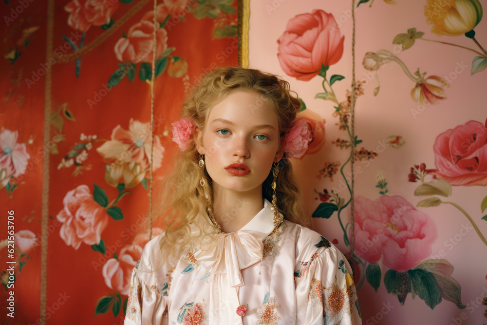 Fototapeta premium portrait of a woman/model/book character standing in front of floral wallpaper with a thoughtful expression in a fashion/beauty editorial magazine style film photography look - generative ai art
