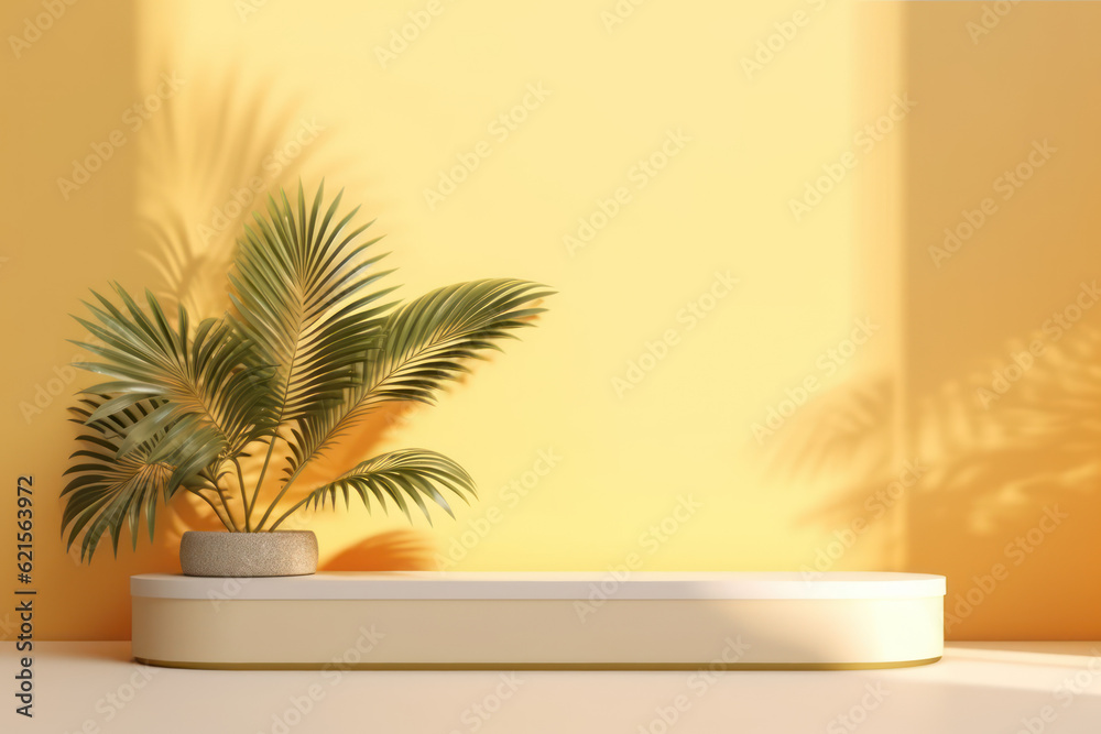 Yellow wall and palm leaf background. Product presentation. Generative ai. Yellow wall and palm leaf background. Product presentation. Generative ai.