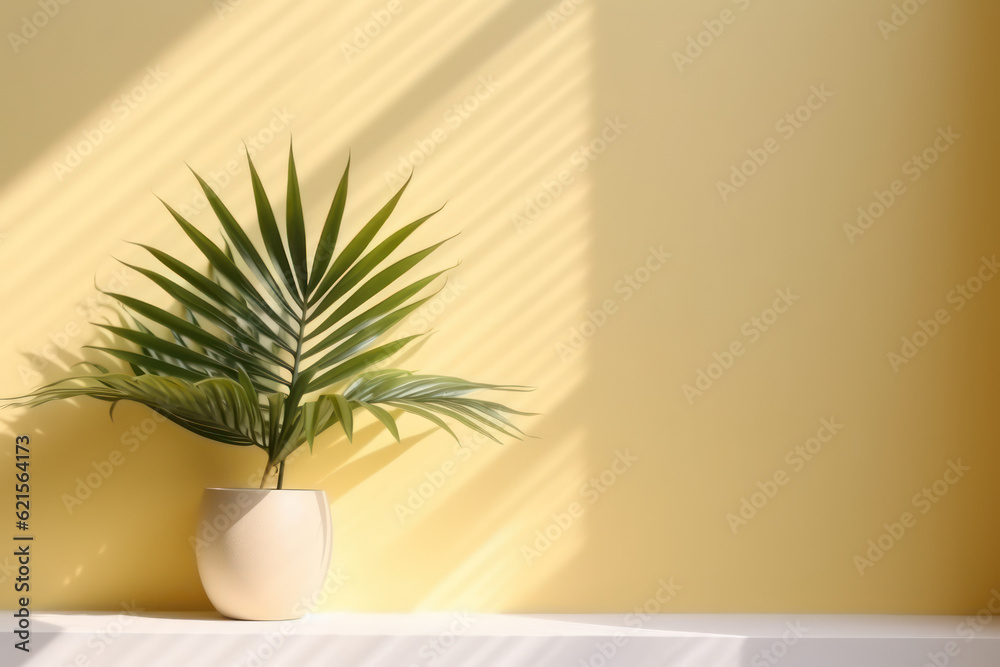 Yellow wall and palm leaf background. Product presentation. Generative ai. Yellow wall and palm leaf background. Product presentation. Generative ai.
