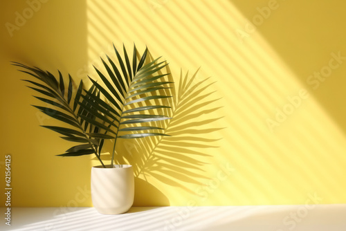 Yellow wall and palm leaf background. Product presentation. Generative ai.