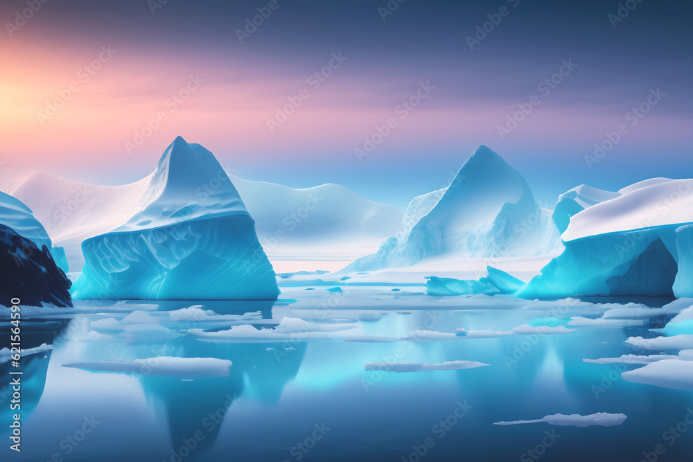 Illustration of Antartica landscape with icebergs, blue water, and pink sky.