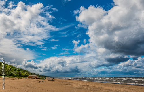 Panoramic landscape with sandy beach of Jurmala - famous Baltic tourist  reso...