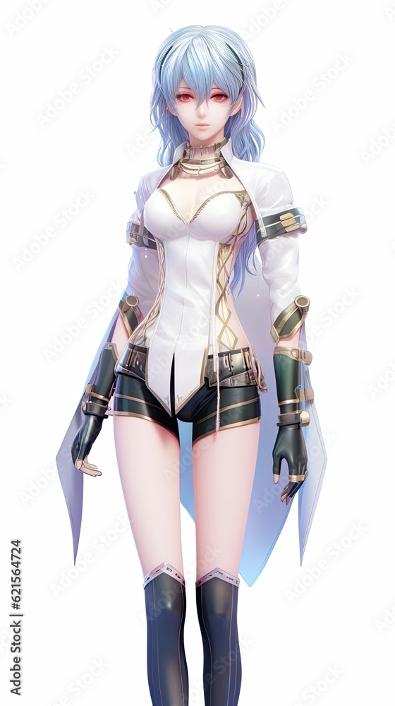 A woman with blue hair wearing a white shirt and black shorts. Generative AI. A woman with blue hair wearing a white shirt and black shorts. Generative AI.