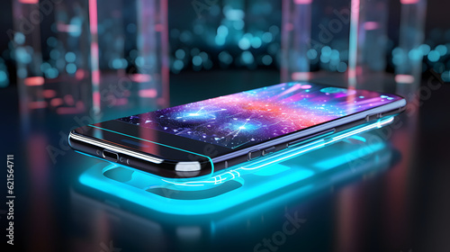 Phone, Table, Holographic elements, Technology, Futuristic, Modern, Digital, Communication, Device, Mobile, Smartphone, Communication, Innovation, Touchscreen, Holography, Futuristic interface, Displa