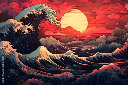 Ocean landscape painting with a sunset 