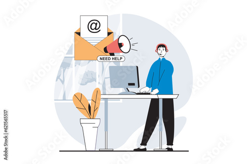 Technical support concept with people scene in flat design for web. Man answering email from customer and gives professional advice. Vector illustration for social media banner, marketing material.