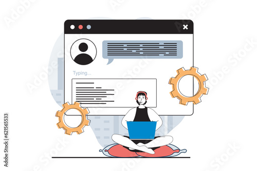 Technical support concept with people scene in flat design for web. Man chatting online with client, finding solvings and gives advice. Vector illustration for social media banner, marketing material.