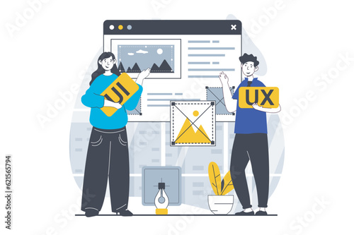 UI UX design concept with people scene in flat graphic for web. Woman and man finding creative ideas for making layout prototype. Vector illustration for social media banner, marketing material.