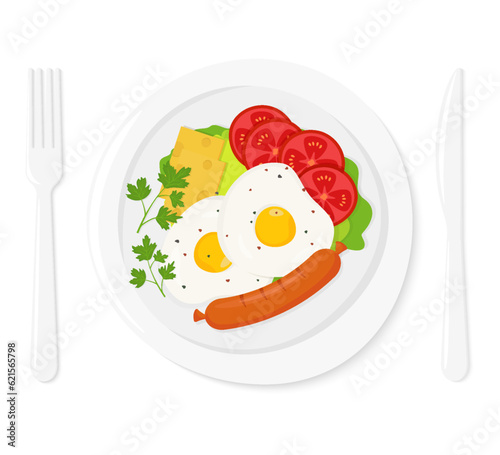 Healthy breakfast. Delicious fried eggs, sausage, pieces of cheese, tomato slices and lettuce on a white plate . Dish and cutlery. Vector flat style illustration