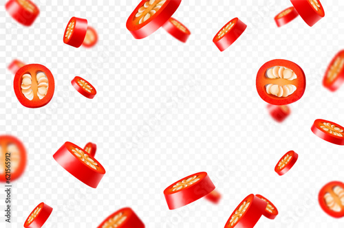 Falling chili pepper slices isolated on transparent background. ?hopped pieces of hot pepper flying, selective focus. Can be used for advertising, packaging, banner print. Realistic 3d vector design
