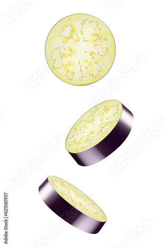 Flying eggplant or aubergine slices isolated on white background. Falling pieces of eggplant vegetable. Can be used for advertising, packaging, banner, poster, print. Realistic 3d vector