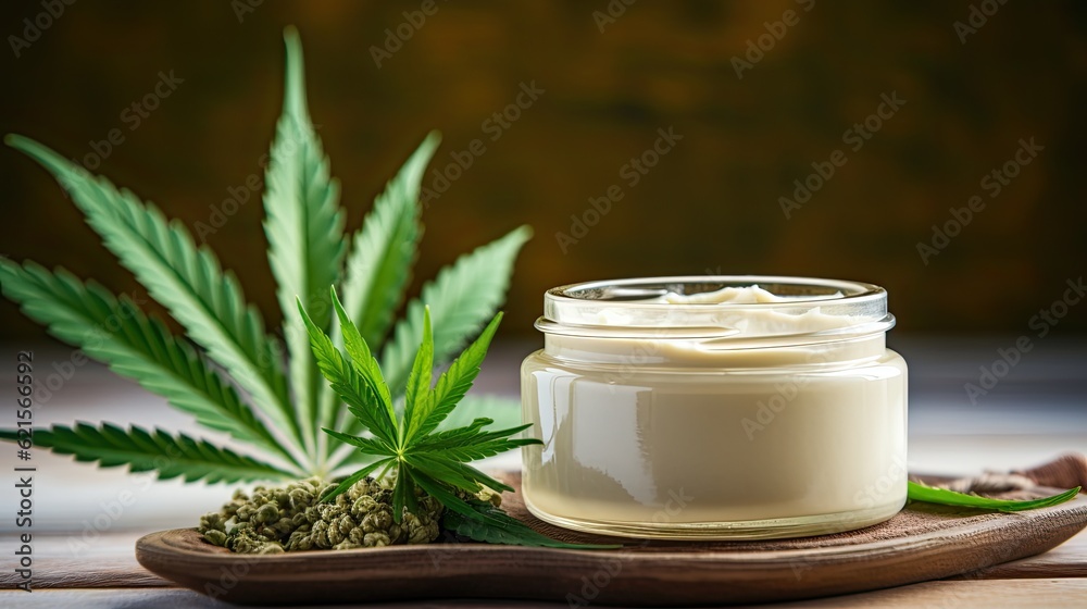 Vegane CBD Kosmetik Creme in einem Tiegel mit Cannabisblättern auf einem kleinen Holztablett vor grün beigem Hintergrund, Generative AI
